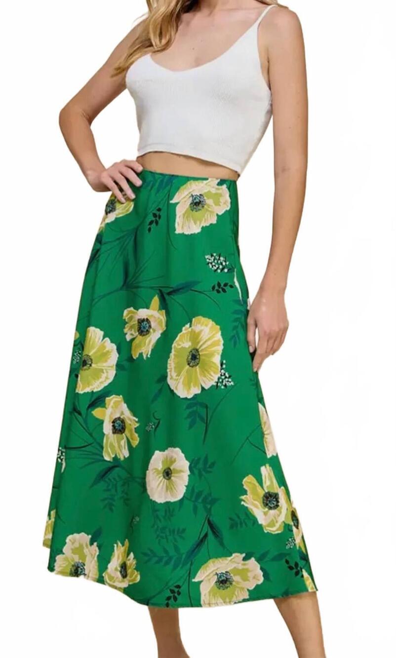 NEW LES AMIS poppy meadow midi skirt in green